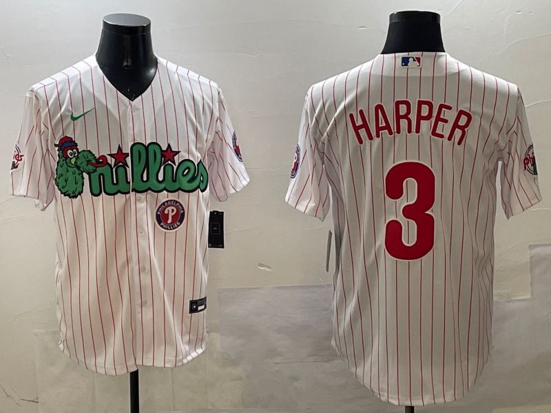 Men Philadelphia Phillies #3 Harper White Stripe Three generations Joint Name Game 2025 Nike MLB Jersey style 5->philadelphia phillies->MLB Jersey